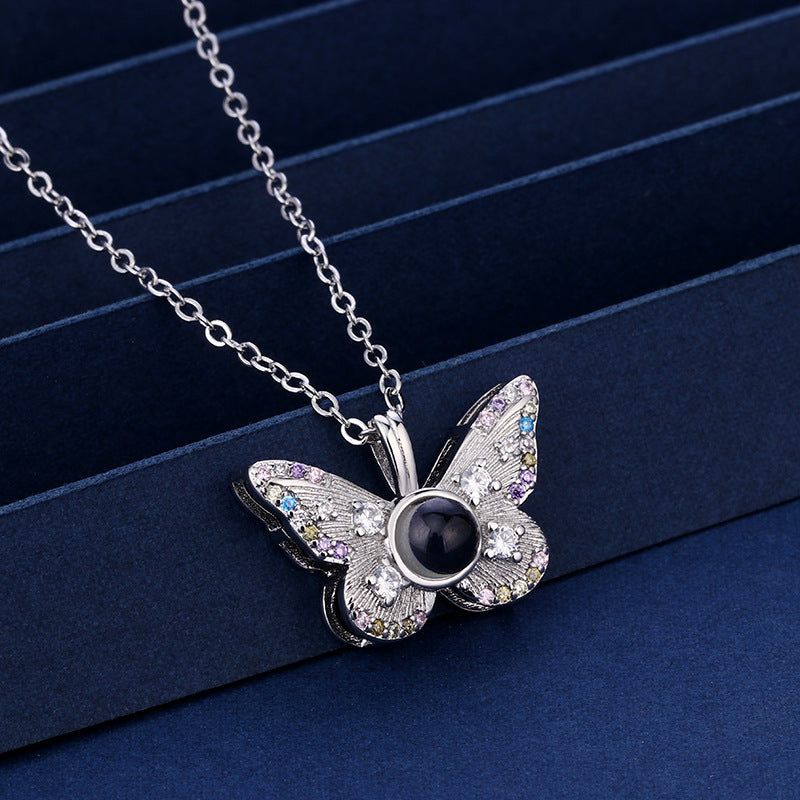 Colorful Diamond Butterfly Projection Pendant Female 100 Languages I Love You HD Color Photo Necklace Female