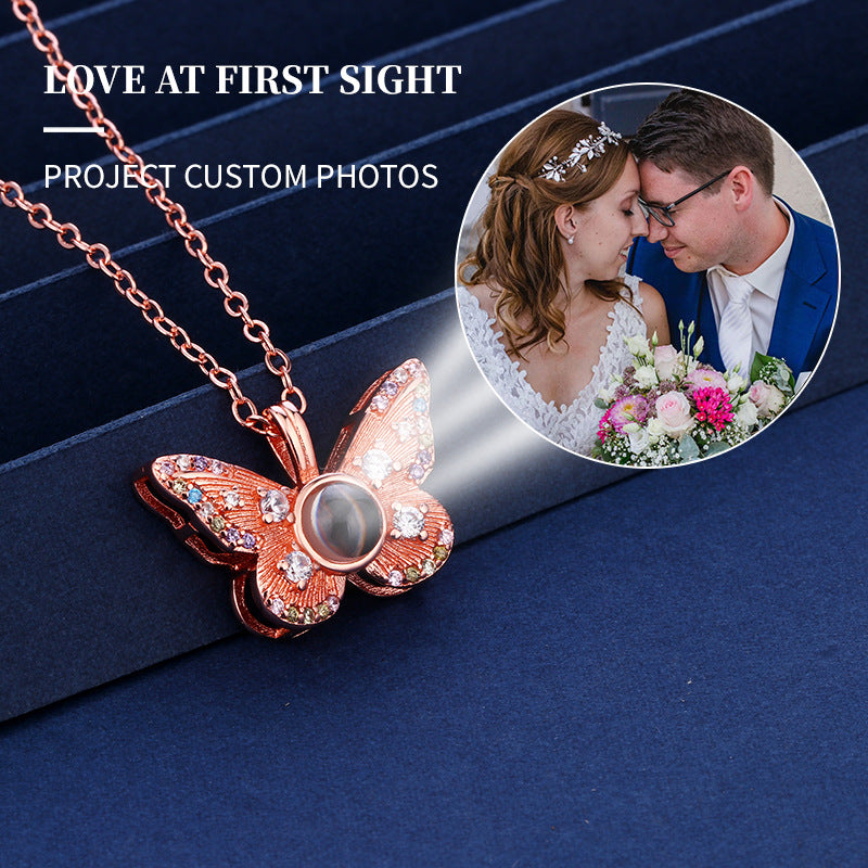 Colorful Diamond Butterfly Projection Pendant Female 100 Languages I Love You HD Color Photo Necklace Female