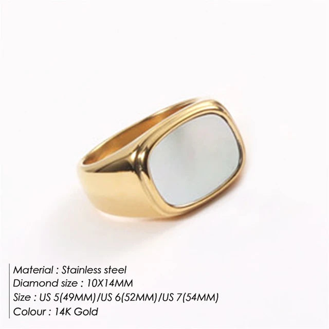 Square Vintage Shell Ladies Ring Stainless Steel White Gold Color Large Chunky Ring Party Jewelry Accessories Gift Dinner