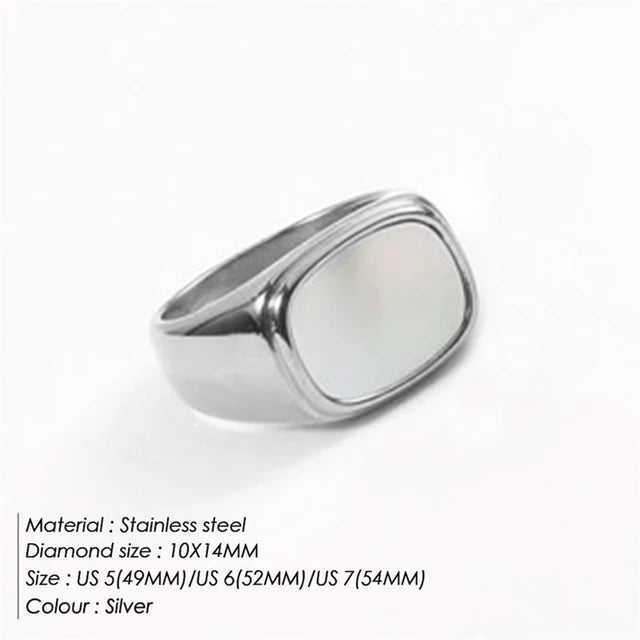 Square Vintage Shell Ladies Ring Stainless Steel White Gold Color Large Chunky Ring Party Jewelry Accessories Gift Dinner