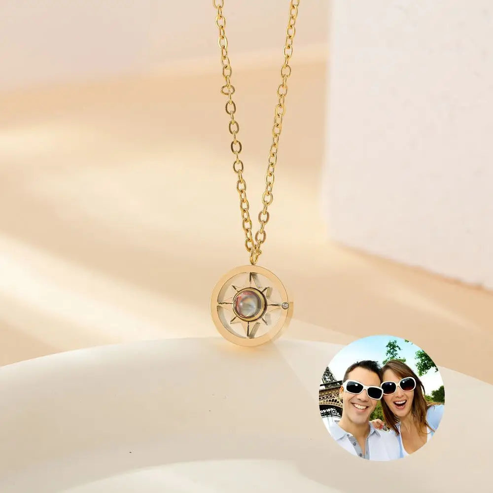 Personalized Stainless Steel Compass Projection Photo Necklace Couple Color Photo Custom Rhinestone Necklace