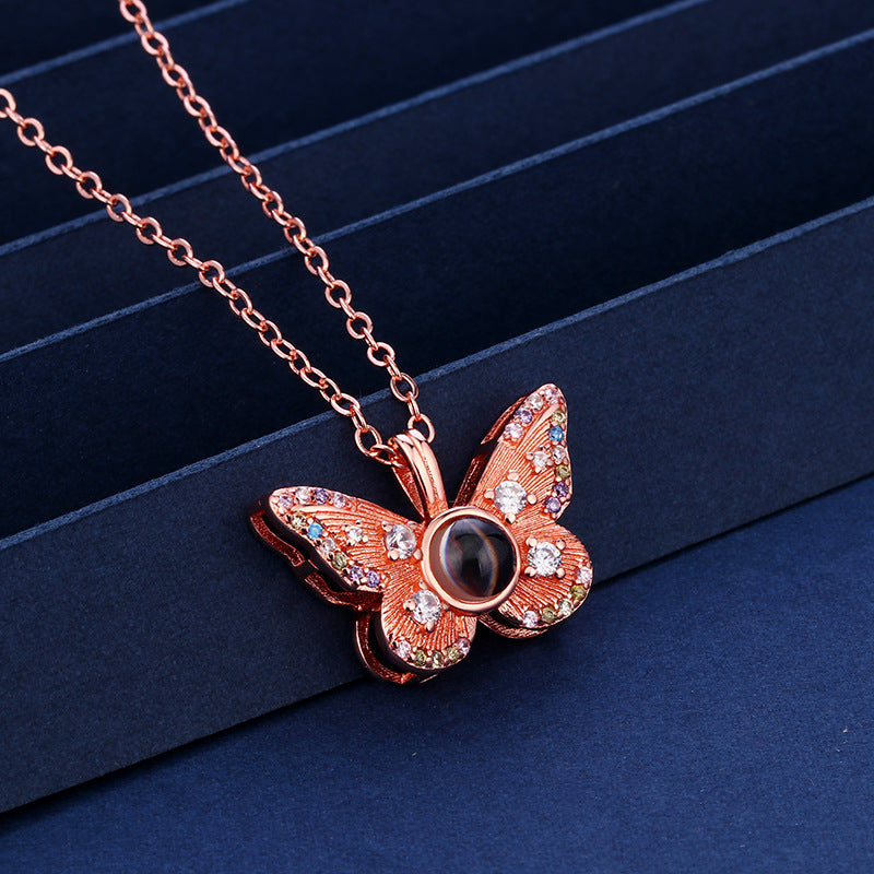 Colorful Diamond Butterfly Projection Pendant Female 100 Languages I Love You HD Color Photo Necklace Female